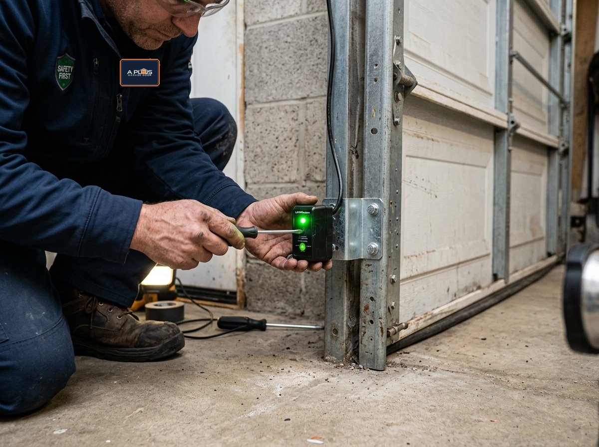 Certified technician performing safety sensor repair & alignment in Windsor ON